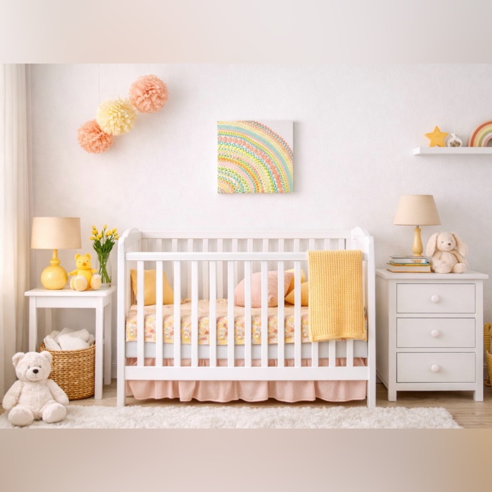 A calming mandala over the crib . Mandalas symbolize harmony and unity